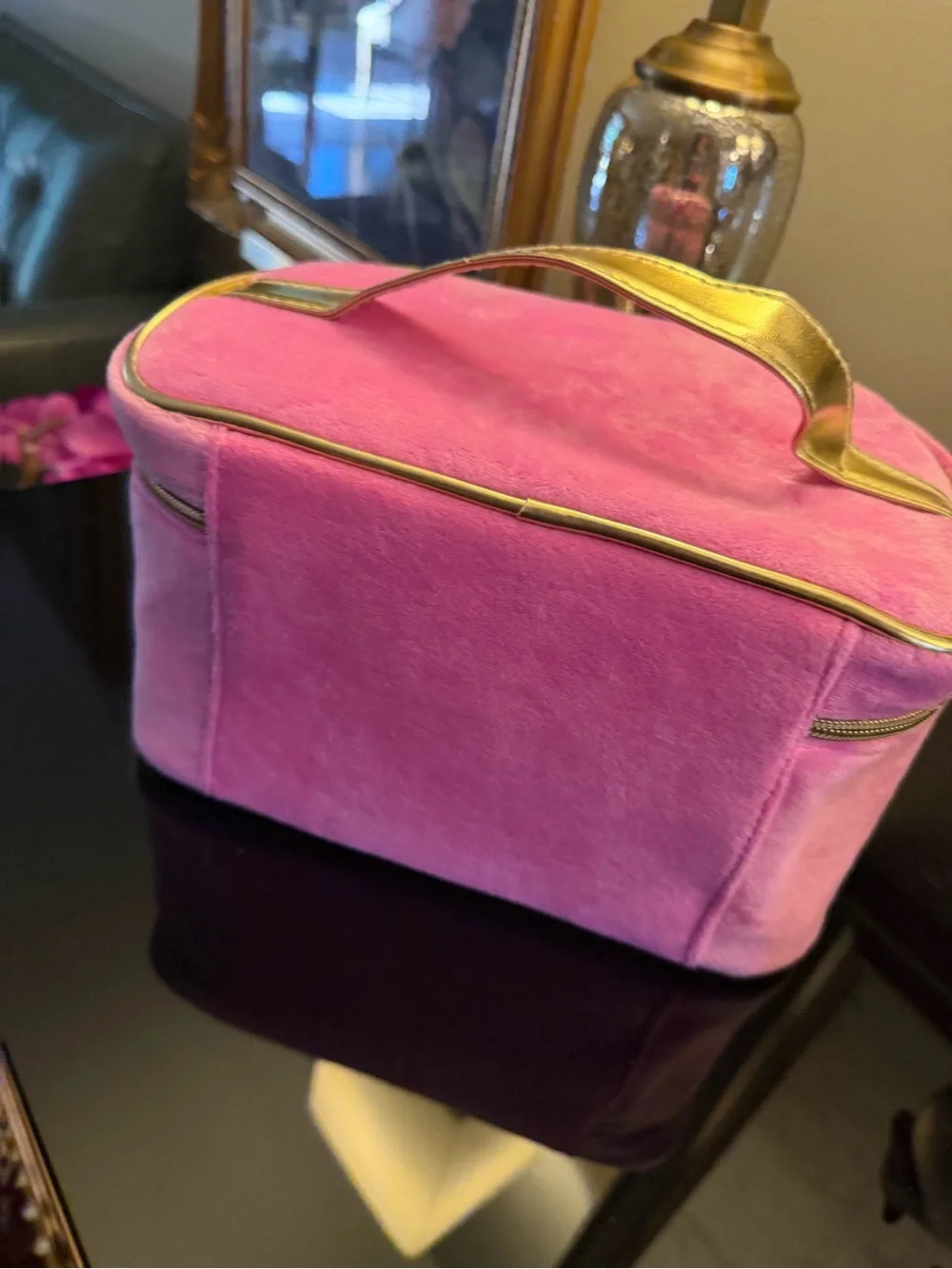 NWOT Juicy Couture Pink Plush Cosmetic Train Case with Gold Trim Scottie Dogs